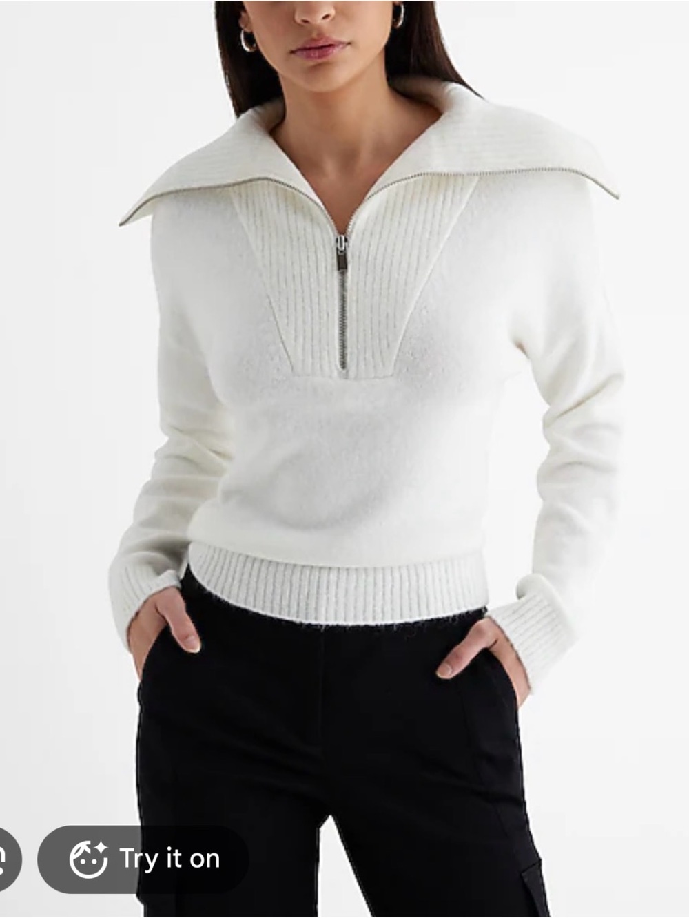 Bershka Cream Cropped Zip-Front Funnel Collar Sweater